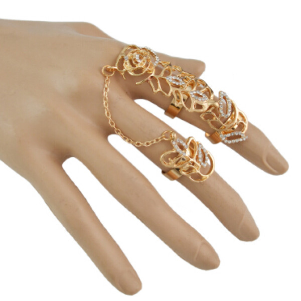 R-1494 Fashion Women Hollow Flower Gold Silver Chain Link Crystal Knuckle Adjustable Finger Ring Party Jewelry