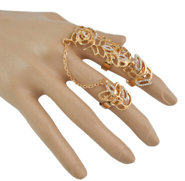 R-1494 Fashion Women Hollow Flower Gold Silver Chain Link Crystal Knuckle Adjustable Finger Ring Party Jewelry