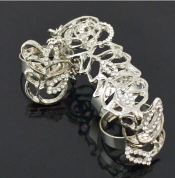 R-1494 Fashion Women Hollow Flower Gold Silver Chain Link Crystal Knuckle Adjustable Finger Ring Party Jewelry