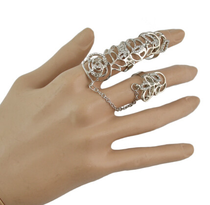 R-1494 Fashion Women Hollow Flower Gold Silver Chain Link Crystal Knuckle Adjustable Finger Ring Party Jewelry
