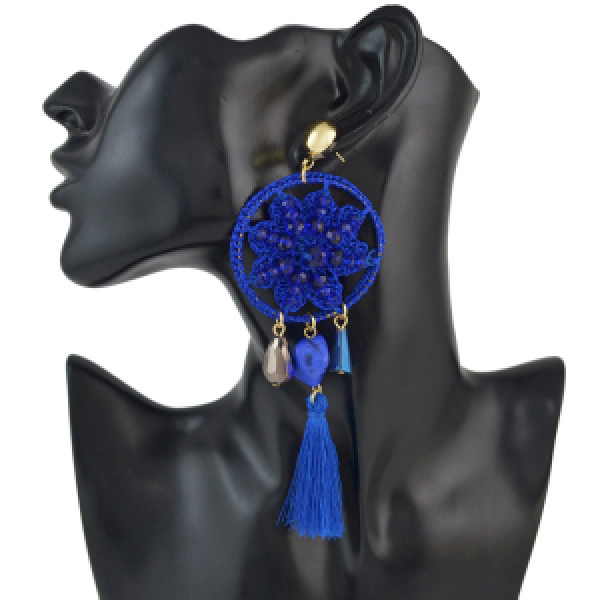E-4539 Bohemian Fringe Charms Vintage Thread Flower Pattern  Acrylic Gemstone Women Tassel Pendant Elegant Dangle Earrings
