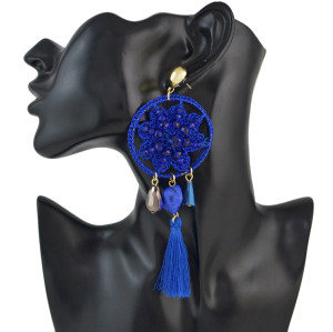 E-4539 Bohemian Fringe Charms Vintage Thread Flower Pattern  Acrylic Gemstone Women Tassel Pendant Elegant Dangle Earrings