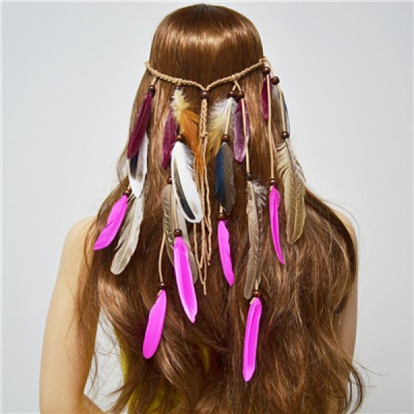 F-0481 Bohemian Handmade Ethnic Gypsy Wood Beads Feather  Hairband Hair Clip Hair Jewelry