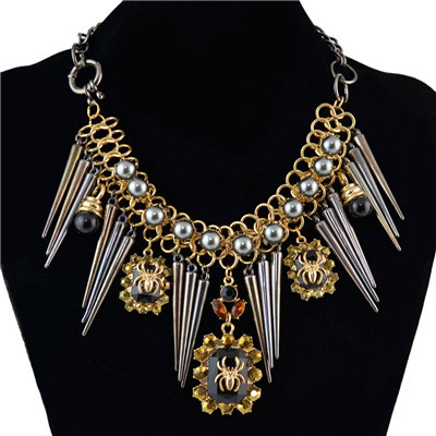 N-1354 Dark Black Style Awl Spider Bead Gold Plated Necklace Cool Jewelry
