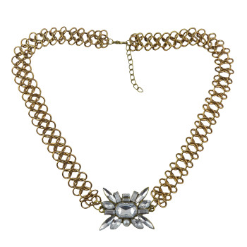 N-1355 New Fashion gold plated metal link chain clear crystal flower choker necklace