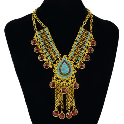 N-7039 Bohemian Statement Necklace Gold Plated Chain Beaded Tassels Pendant Fringe Necklcace