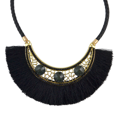 N-7045 Bohemia Leather Chain Thread Tassels Crystal Beaded Choker Necklace for Women