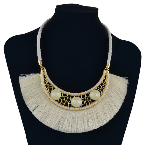 N-7045 Bohemia Leather Chain Thread Tassels Crystal Beaded Choker Necklace for Women
