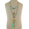 N-5800 Bohemian Vintage 3 Multilayers Long Chain Pendant Tassel Leaf Natural Turquoise Necklace