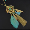 N-5800 Bohemian Vintage 3 Multilayers Long Chain Pendant Tassel Leaf Natural Turquoise Necklace