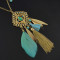 N-5800 Bohemian Vintage 3 Multilayers Long Chain Pendant Tassel Leaf Natural Turquoise Necklace