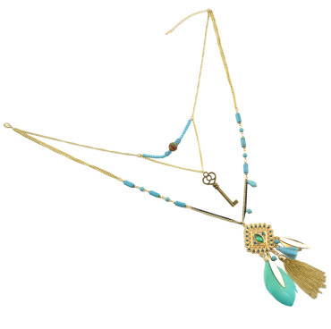N-5800 Bohemian Vintage 3 Multilayers Long Chain Pendant Tassel Leaf Natural Turquoise Necklace