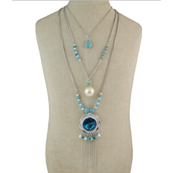 N-5799 Bohemian Multilayers Silver Metal Turquoise Crystal Pendant Necklaces for Women Party Wedding Jewelry