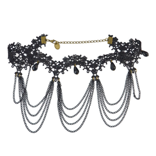 N-1600 New Gothic Vintage Style Black Lace Flower acrylic drop tassels Choker Necklace adjustable