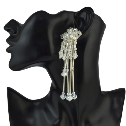 E-4557 Elegant Long Drop Earrings Glass Tube Tassels Beaded Flower Stud Ear Jewelry Wedding Party Dress Accessories