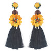 E-4575 Trendy Rhinestone Ball Flower Long Thread Tassel Earrings