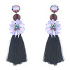 E-4575 Trendy Rhinestone Ball Flower Long Thread Tassel Earrings