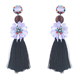 E-4575 Trendy Rhinestone Ball Flower Long Thread Tassel Earrings