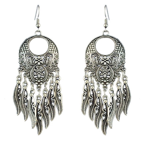 E-4579 Bohemian Retro Silver Alloy Carving Flower Leaf Tassel Drop Dangle Earrings
