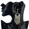 E-4579 Bohemian Retro Silver Alloy Carving Flower Leaf Tassel Drop Dangle Earrings