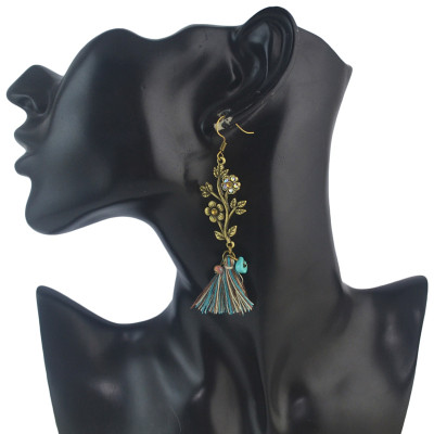 E-4592 Vintage Patina Bird Birdcage Branch Crystal Thread Tassel Fashion Ear Hook Earring for Women
