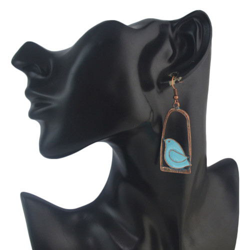 E-4592 Vintage Patina Bird Birdcage Branch Crystal Thread Tassel Fashion Ear Hook Earring for Women