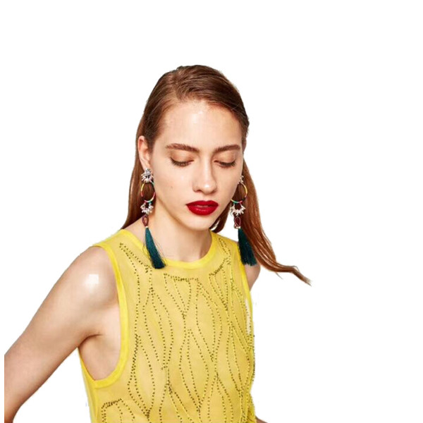 E-4324 Fashion Gold Plated Crystal Flower Enamel Hoop Silk Thread Tassel Big Earrings Women Jewelry