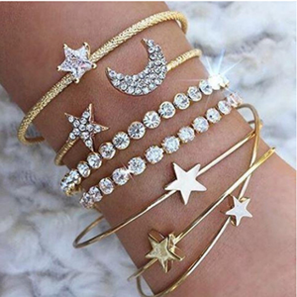 B-0890 4pcs/set Gold Silver Plated Rhinestone Moon Star Cuff Bracelets Set