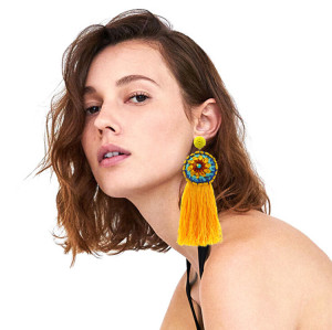 E-4624 New Fashion Handmade Weaved Thread Fringe Tassel Long Drop Flower Statement Earrings