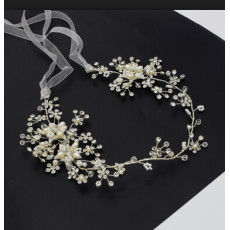 F-0485 Bridal Long Ribbon Copper Crystal Pearl Headbands Wedding Hair Jewelry Accessories