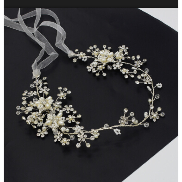 F-0485 Bridal Long Ribbon Copper Crystal Pearl Headbands Wedding Hair Jewelry Accessories