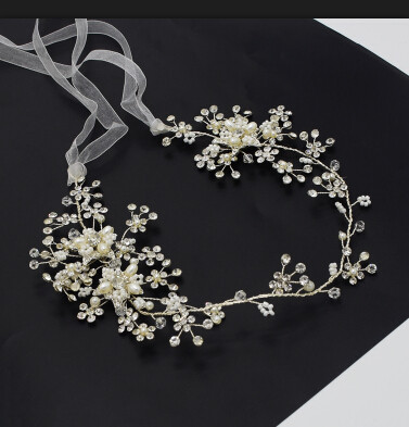 F-0485 Bridal Long Ribbon Copper Crystal Pearl Headbands Wedding Hair Jewelry Accessories