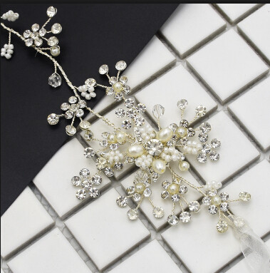 F-0485 Bridal Long Ribbon Copper Crystal Pearl Headbands Wedding Hair Jewelry Accessories