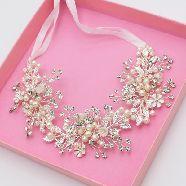F-0487 2 Colors Fashion Ribbon Copper Wire Crystal Pearl Handmade Wedding Hair Accessory