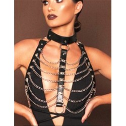 N-6981 Sexy Women Black Brown Leather Bondage Straps Bra Body Harness Belt Silver Chain Body Jewelry