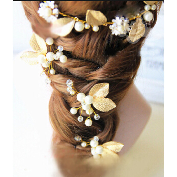 F-0488 Bridal Pearl Leaves Hairdbands Earring Sets Women Hair Pins Head Ornament Wedding Hair Jewelry