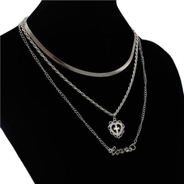 N-7057 Trendy Silver-Plated  3 Layers Love  Chain Necklace Jewelry Design For Women