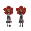 E-4644 Fashion Gold Plated Alloy Enamel Flower Rhinestone Crystal Tassel Drop Dangle Earrings