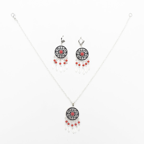 N-7059 Bohemian Earrings Necklace Jewelry Set Silver Plated Alloy Ethnic Carved Gemstone Tassels Earring Pendant Necklaces