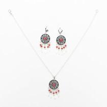 N-7059 Bohemian Earrings Necklace Jewelry Set Silver Plated Alloy Ethnic Carved Gemstone Tassels Earring Pendant Necklaces