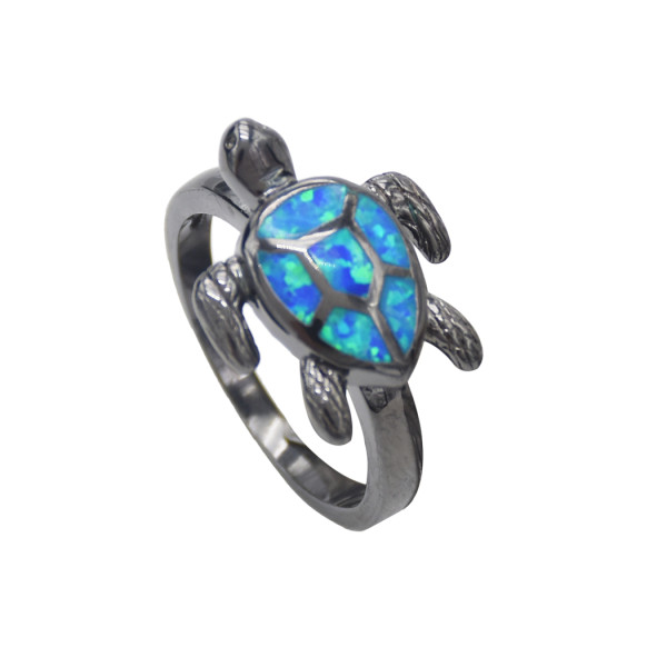 R-1496 Punk Black Gold Filled Blue Fire Opal Rings Turtle Ring Wedding Finger Jewelry