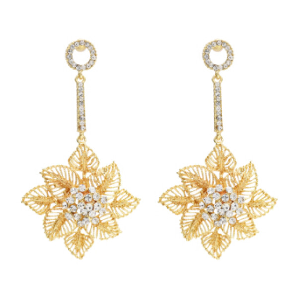 E-4658 Luxurious Gold Silver Hollow Flower Snowflake Statement Earrings Long Crystal Leaves Drop Dangle Earrings for Women Ladies Wedding Party Jewelry