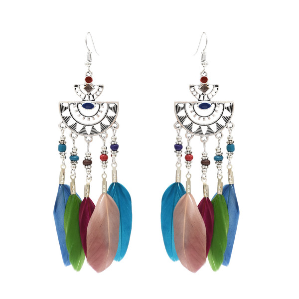 E-4666 Bohemian Vintage Silver Tassel Feather Drop Fish Hook Earrings