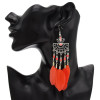 E-4666 Bohemian Vintage Silver Tassel Feather Drop Fish Hook Earrings