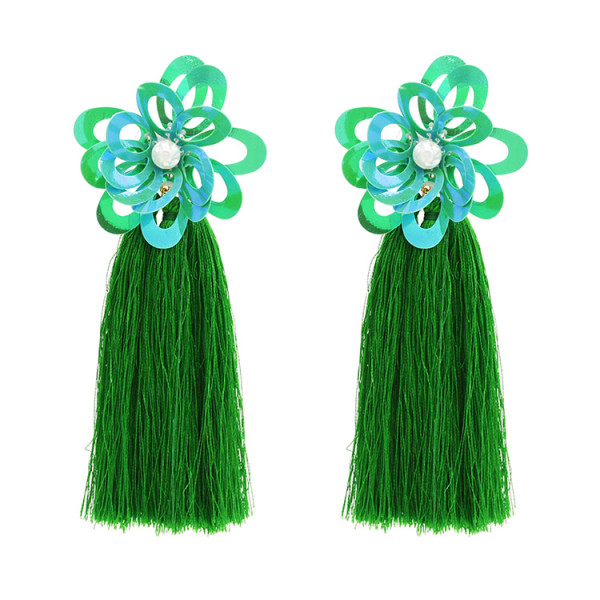 E-4677 Bohemian Pearl Sequins Flower Shape Thread Tassels Drop Earrings