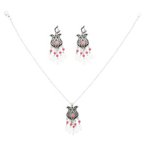 N-7071 2 Style Vintage Silver Metal Green Red Beads Pendant Necklaces Earrings Sets for Women Boho Turkish Jewelry