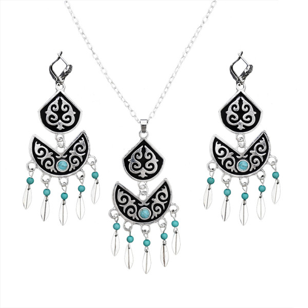 N-7068 Bohemian Vintage Silver Turquoise Embellish Small Leaves Tassels Necklace Earrings Fashion Jewelry Sets