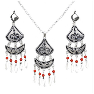 N-7070 Vintage Silver Metal Green Red Beads Pendant Necklaces Earrings Sets for Women Boho Turkish Jewelry