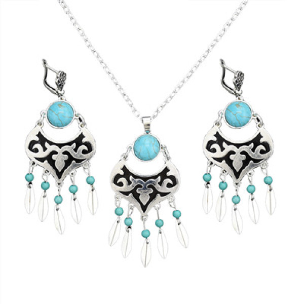 N-7072 Bohemian Vintage Silver Turquoise Embellish Small Leaves Tassels Necklace Earrings Fashion Jewelry Sets
