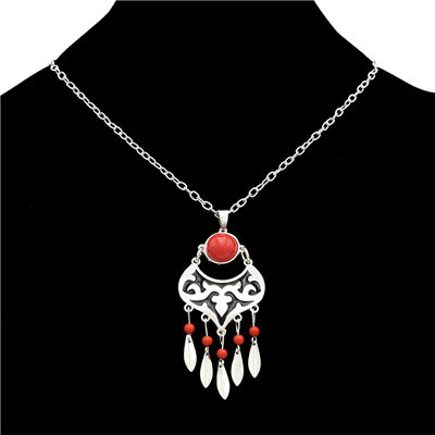 N-7072 Bohemian Vintage Silver Turquoise Embellish Small Leaves Tassels Necklace Earrings Fashion Jewelry Sets